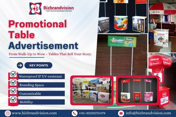 Promotional table printing and delivery services by Bizbrandvision Pvt. Ltd. for events, exhibitions, and demos